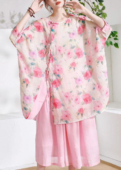 Pink Cute Print Asymmetrical Design Summer Half Sleeve Top - SooLinen
