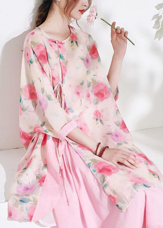 Pink Cute Print Asymmetrical Design Summer Half Sleeve Top - SooLinen