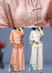 Pink Embroidered Button Linen Shirts And Wide Leg Pants Linen Summer