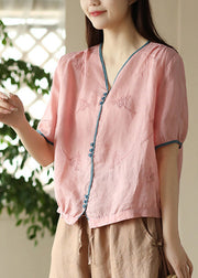 Pink Embroidered Patchwork Ramie Shirts Short Sleeve