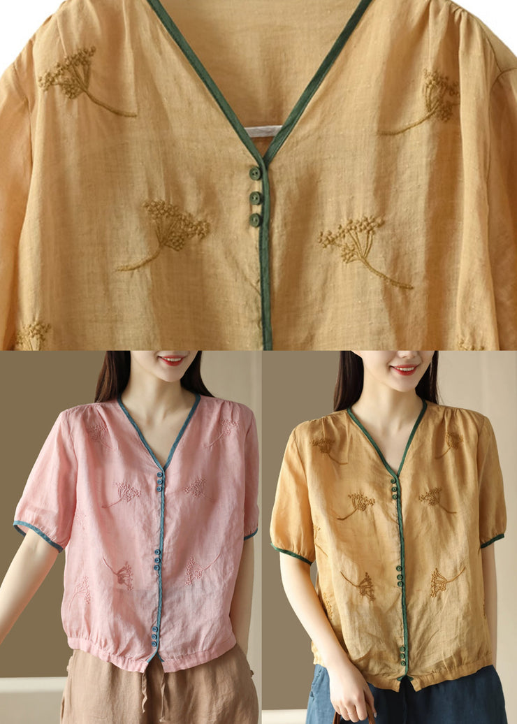 Pink Embroidered Patchwork Ramie Shirts Short Sleeve