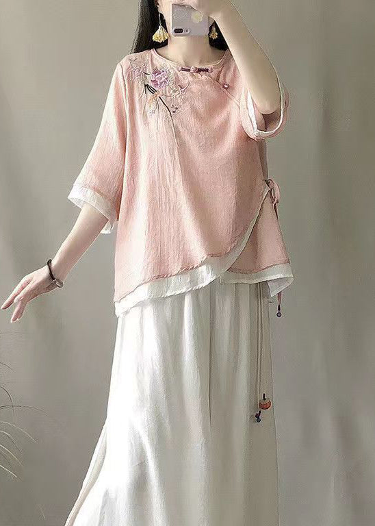 Pink Fake Two Piece Linen Blouses Embroidered Chinese Button Summer