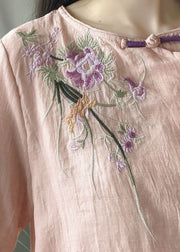 Pink Fake Two Piece Linen Blouses Embroidered Chinese Button Summer
