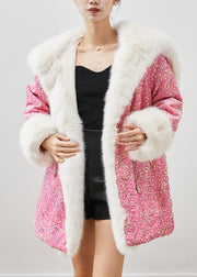 Pink Faux Fur Velour Hoodie Coat Outwear Sequins Drawstring Winter