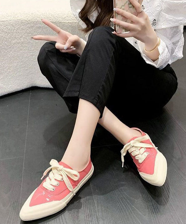 Pink Faux Leather Flat Shoes For Women Lace Up Splicing Pointed Toe