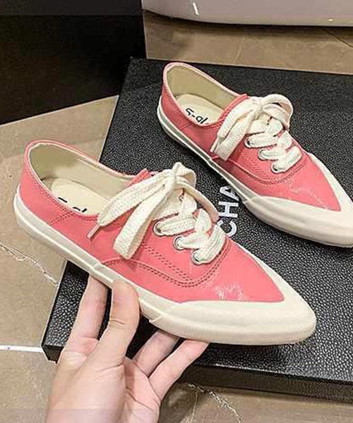 Pink Faux Leather Flat Shoes For Women Lace Up Splicing Pointed Toe