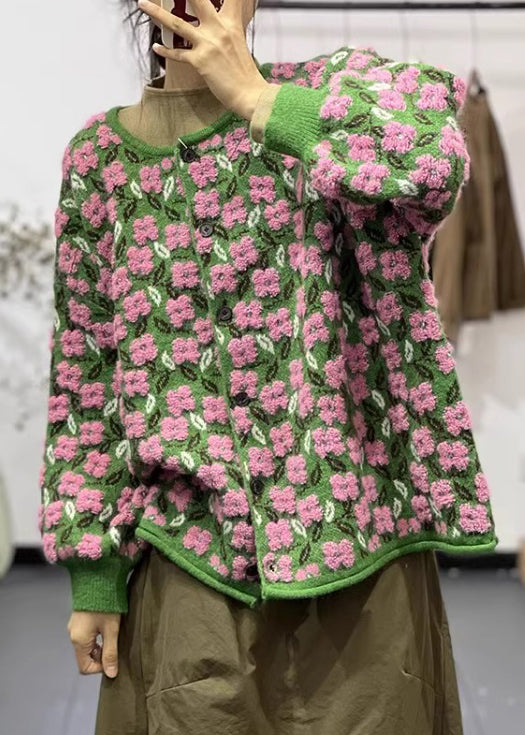 Pink Floral O Neck Button Patchwork Cotton Knit Coats Long Sleeve