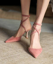 Pink High Heels Suede Pointed Toe Fashion Splicing Buckle Strap