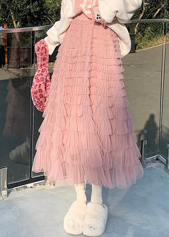 Pink High Waist Tulle Lagered Skirts Spring