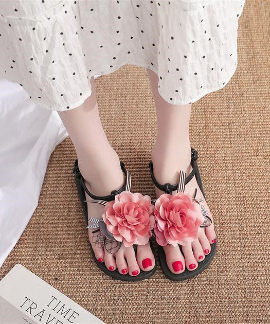 Pink Holiday Flat Sandals Splicing Floral Peep Toe