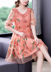 Pink Hollow Out Chiffon Holiday Dress Lace Up Embroidered Summer