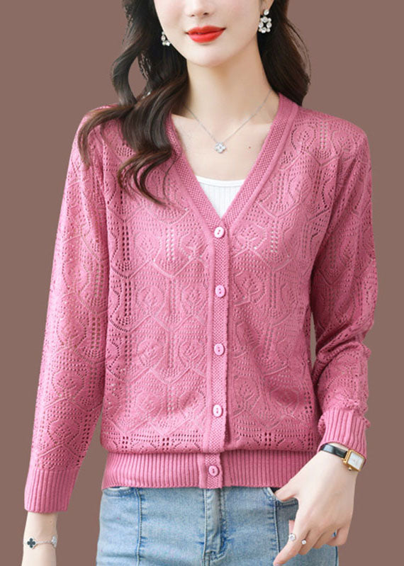 Pink Hollow Out Ice Size Cozy Knit Cardigans Long Sleeve
