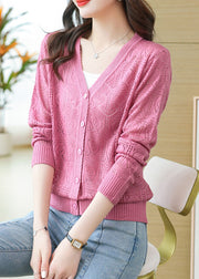 Pink Hollow Out Ice Size Cozy Knit Cardigans Long Sleeve