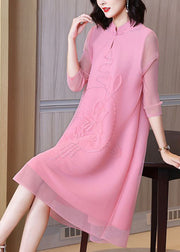 Pink Jacquard A Line Dress Mandarin Collar Wrinkled Bracelet Sleeve
