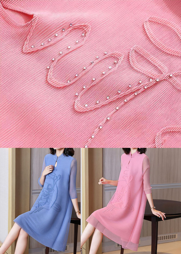Pink Jacquard A Line Dress Mandarin Collar Wrinkled Bracelet Sleeve