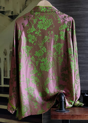 Pink Jacquard Patchwork Silk Blouse Top Tasseled Long Sleeve