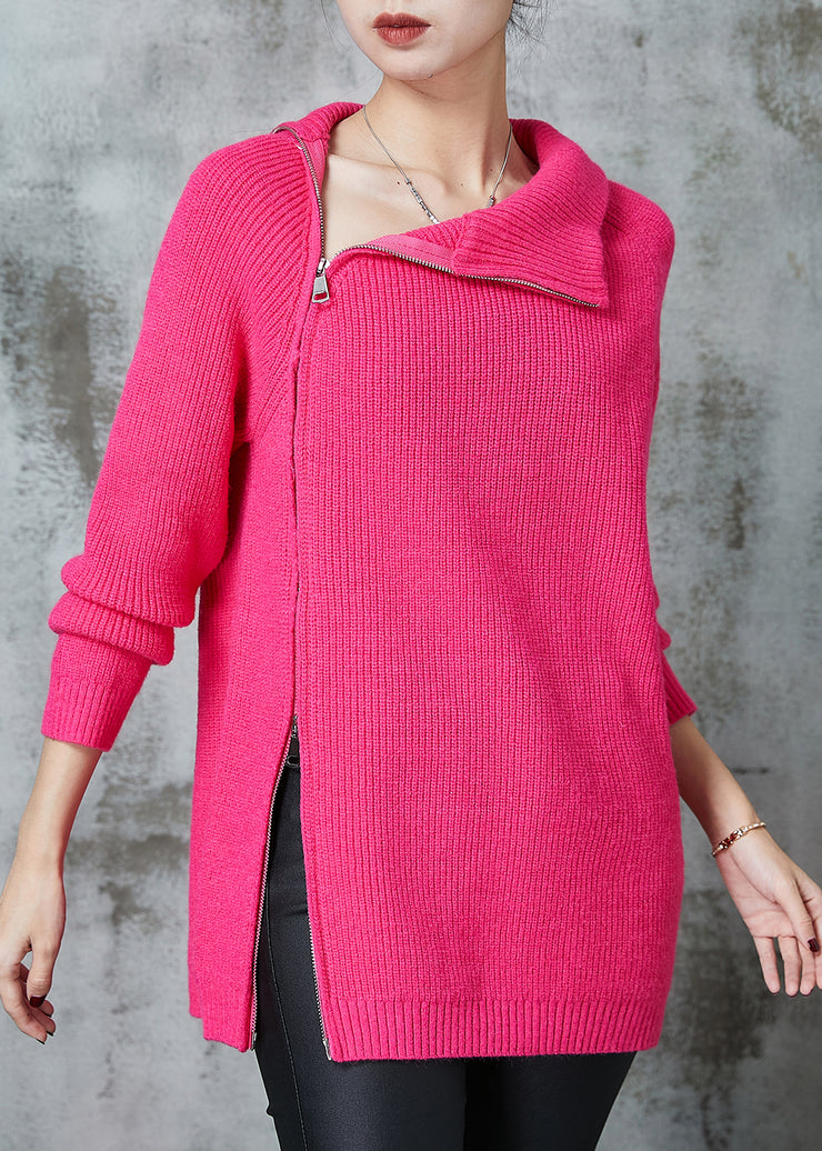 Pink Knit Sweater Tops Asymmetrical Zippered Spring