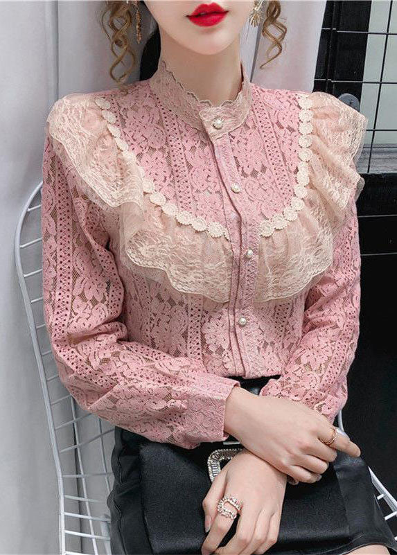 Pink Lace Loose Shirt Top button Hollow Out Long sleeve