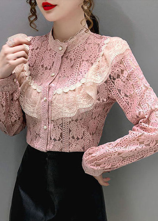 Pink Lace Loose Shirt Top Knopf aushöhlen Langarm