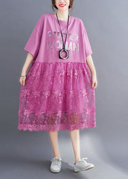 Pink Lace Patchwork Cotton Maxi Dresses Oversized Letter Print Half Sleeve
