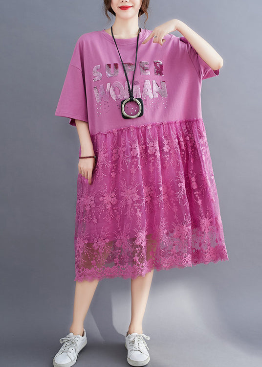 Pink Lace Patchwork Cotton Maxi Dresses Oversized Letter Print Half Sleeve