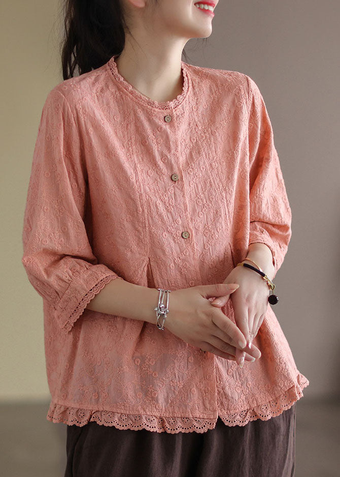 Pink Lace Patchwork Linen Shirts Button Bracelet Sleeve