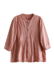 Pink Lace Patchwork Linen Shirts Button Bracelet Sleeve