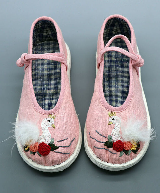 Pink Linen Fabric Flat Shoes For Women Embroidery Splicing Buckle Strap