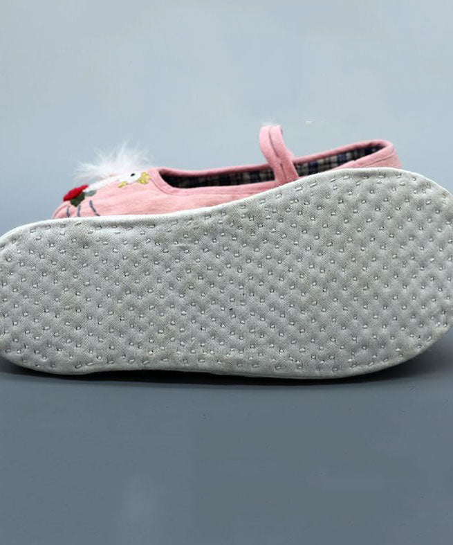 Pink Linen Fabric Flat Shoes For Women Embroidery Splicing Buckle Strap