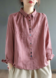 Pink Linen Shirt Top Peter Pan Collar Button Long Sleeve