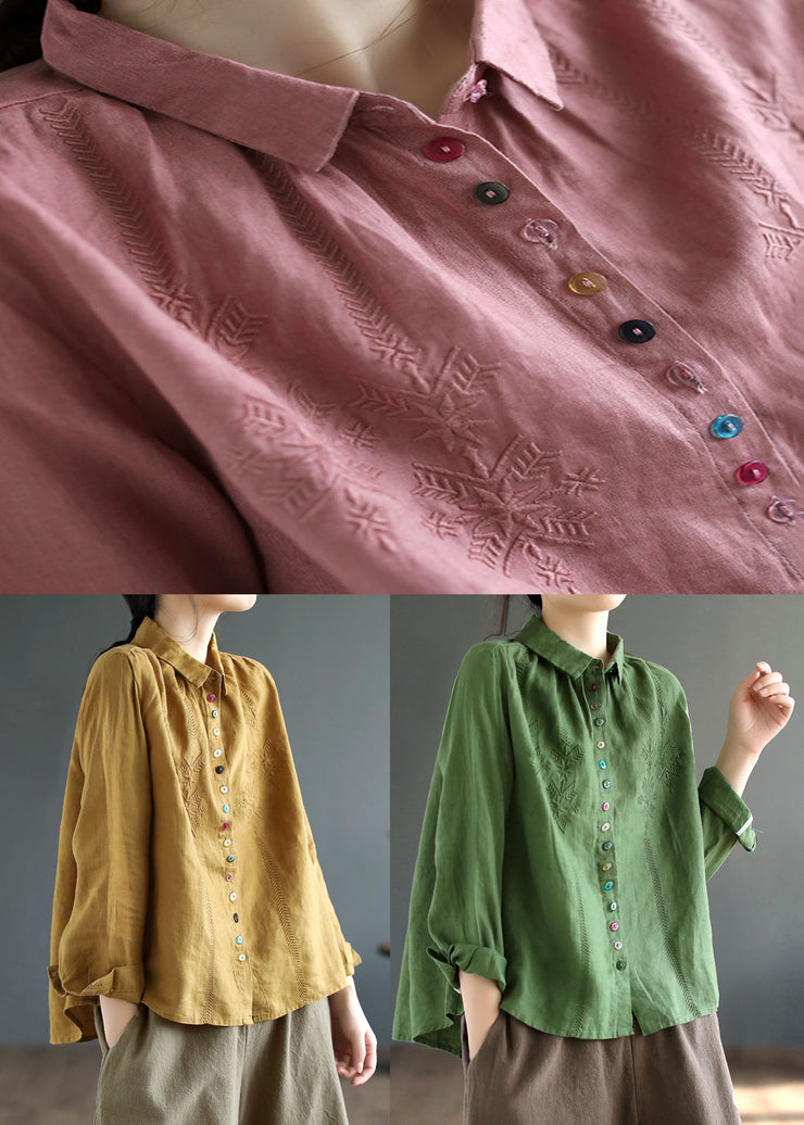 Pink Linen Shirt Top Peter Pan Collar Button Long Sleeve
