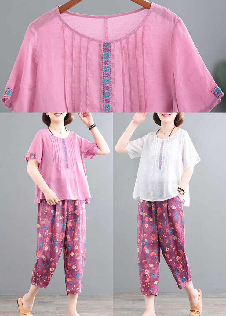 Pink Linen Tops And Pants Two Pieces Set Wrinkled Embroidered Short Sleeve