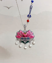 Pink Lotus Tassel Enamel Colorful Retro Style Pendant Necklace