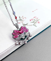 Pink Lotus Tassel Enamel Colorful Retro Style Pendant Necklace
