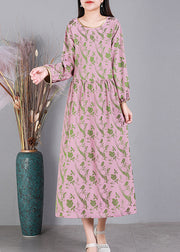 Rosa O-Neck Cinched Seidenkleid mit langen Ärmeln