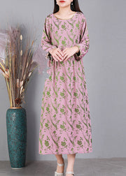 Pink O-Neck Cinched Silk Dress Long Sleeve