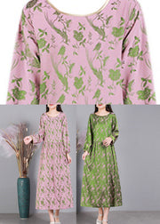 Pink O-Neck Cinched Silk Dress Long Sleeve