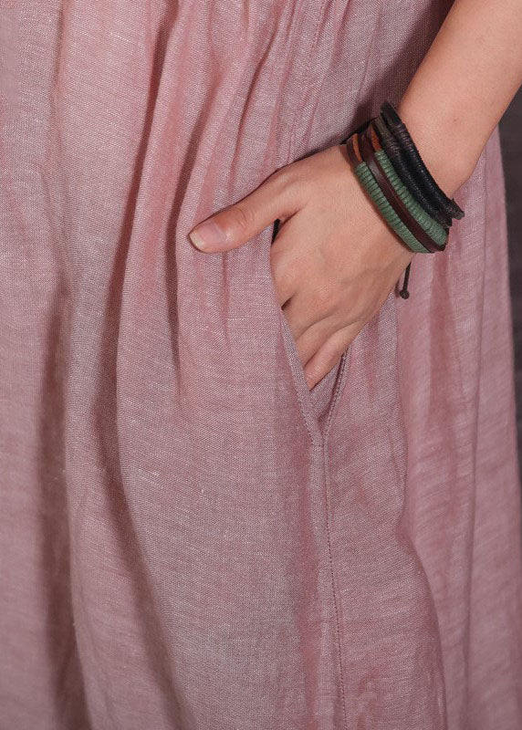 Rosa Baumwollkleid mit kurzen Ärmeln und O-Neck-Taschen