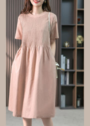 Rosa O-Ausschnitt Taschen Leinen langes Kleid mit kurzen Ärmeln