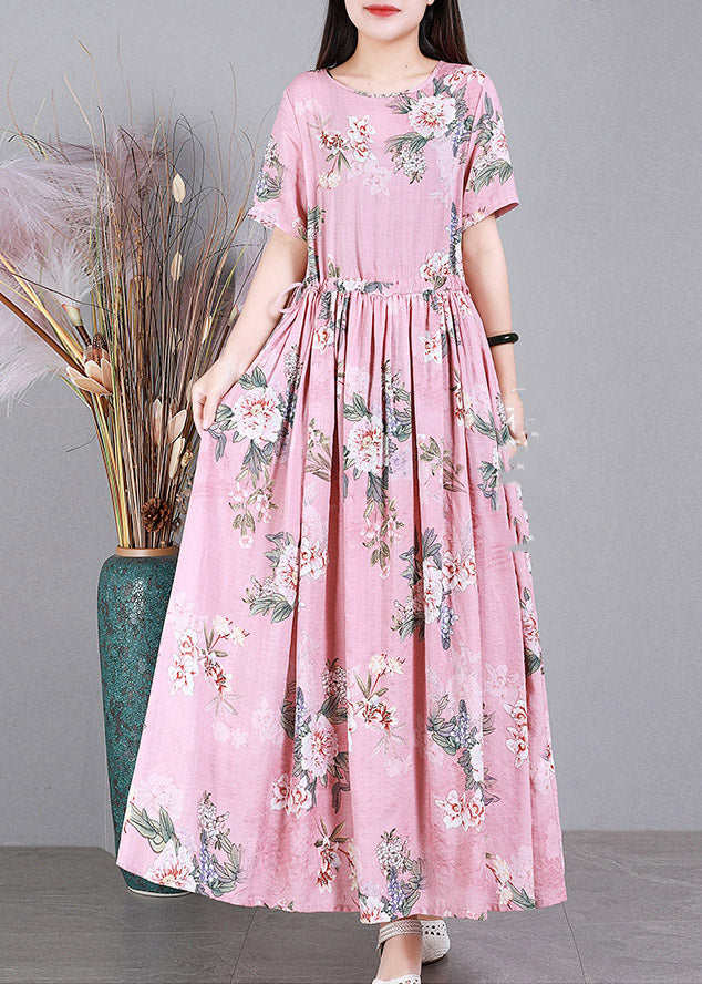 Pink O-Neck Print Drawstring Linen Dresses Short Sleeve
