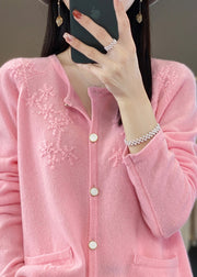 Pink O-Neck Solid Cashmere Knit Cardigan Fall