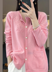 Pink O-Neck Solid Cashmere Knit Cardigan Fall