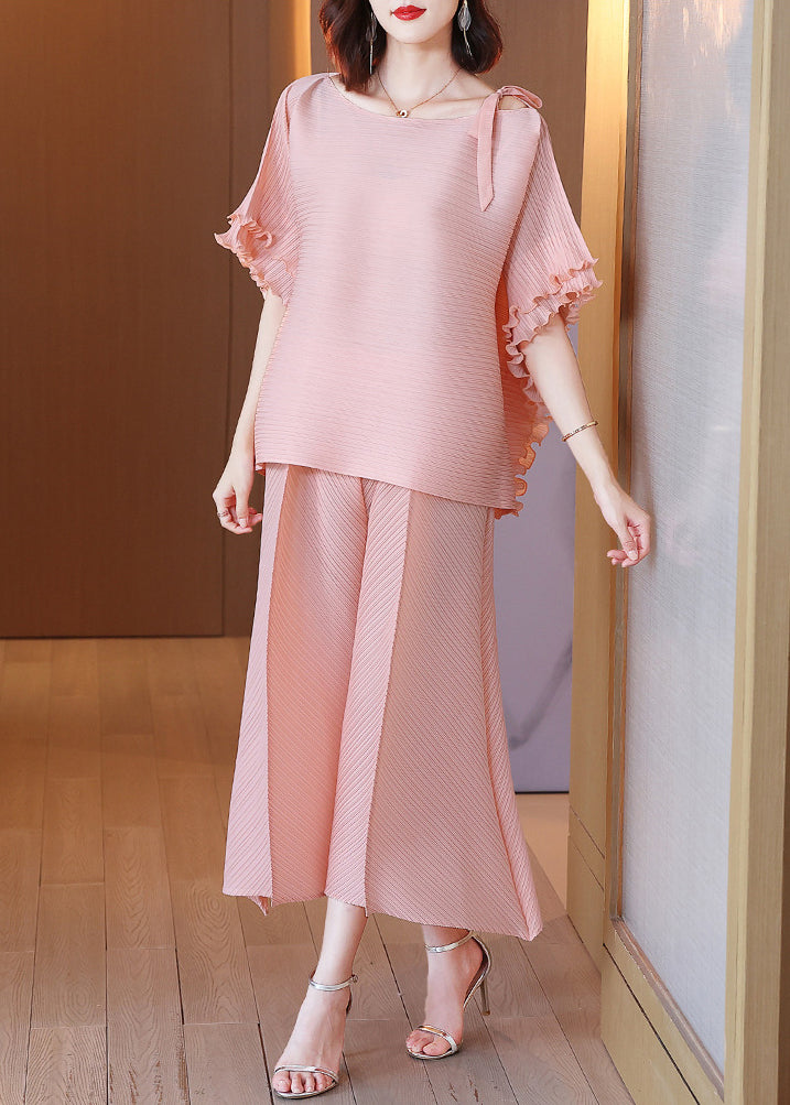 Pink O-Neck Top And Wide Leg Pants Two Piece Set Fall