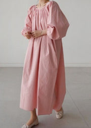 Pink O-Neck wrinkled Cotton Holiday Dress Spring
