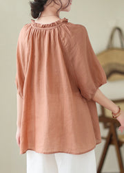 Pink Orange Linen Shirt Top Ruffled Lace Up Summer