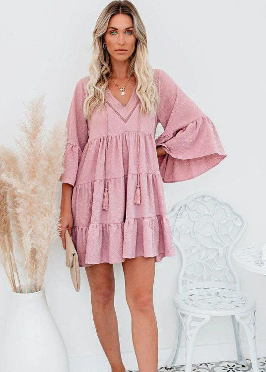 Pink Patchwork Chiffon Maxi Dresses Ruffled V Neck Summer