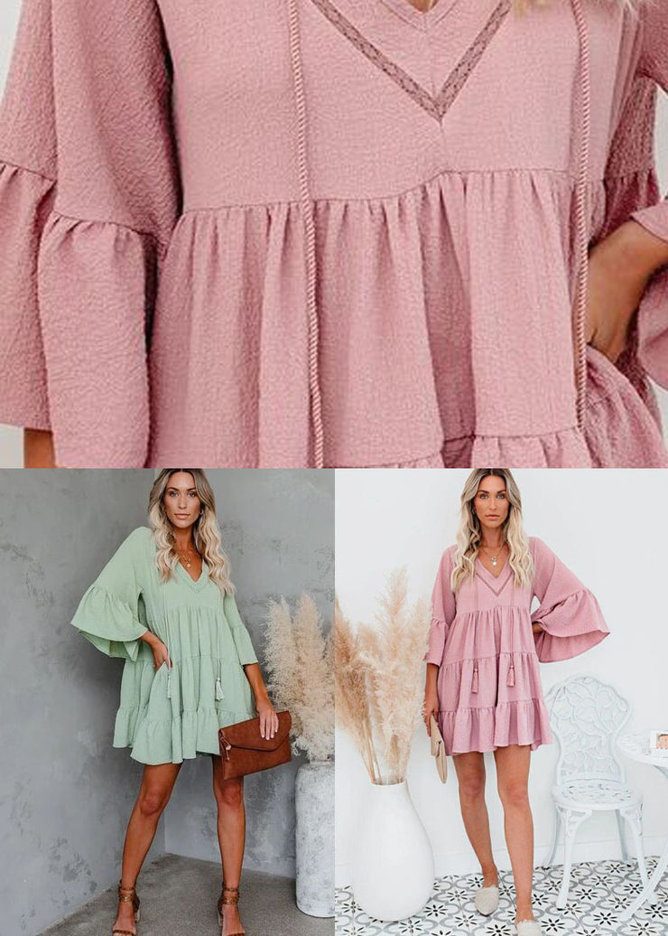 Pink Patchwork Chiffon Maxi Dresses Ruffled V Neck Summer