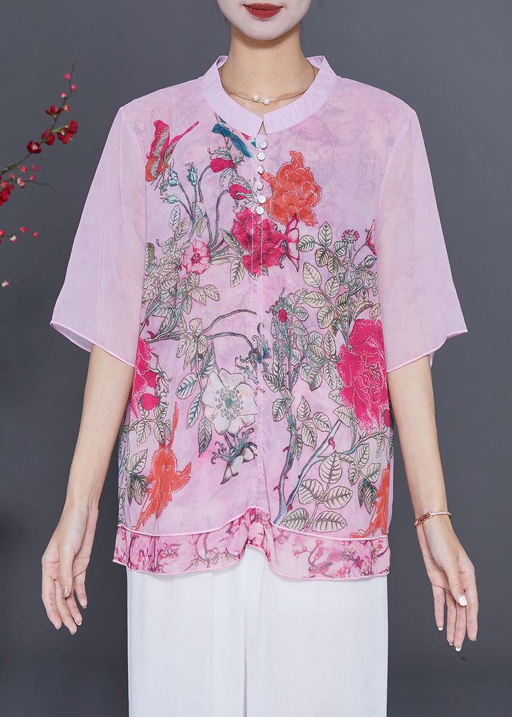 Pink Patchwork Chiffon Shirt Oversized Print Summer