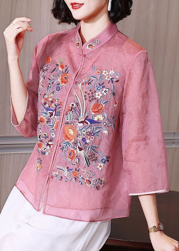 Pink Patchwork Chiffon Shirts Embroidered Stand Collar Button Summer