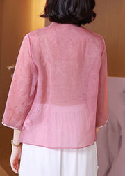 Pink Patchwork Chiffon Shirts Embroidered Stand Collar Button Summer